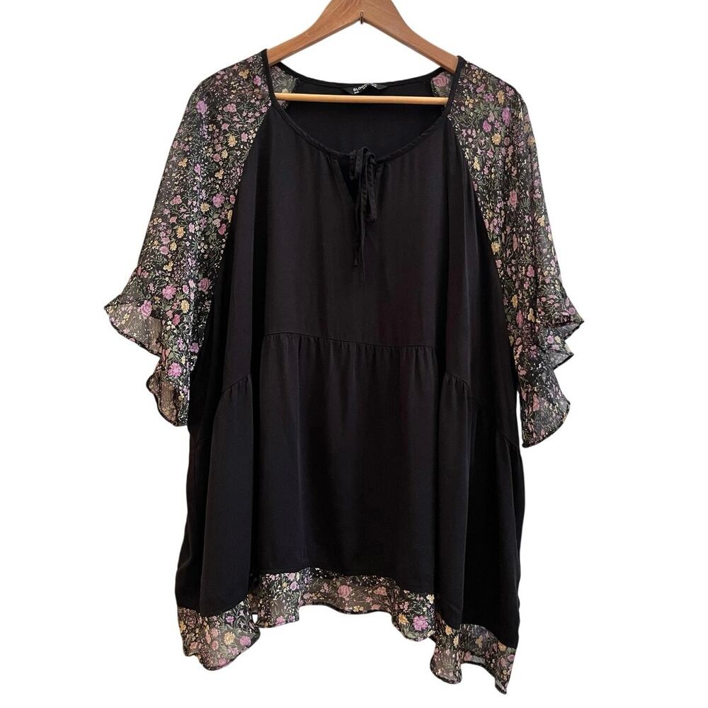 Bloomchic Floral Print Sheer Flutter Sleeve Split Neckline Tie Tunic Blouse 4X